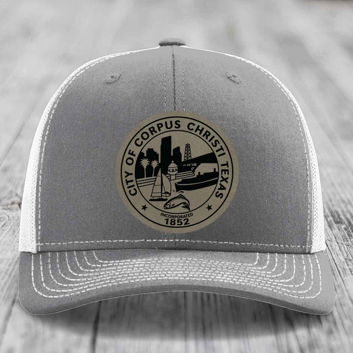 Corpus Christi Seal - Leather Patch Hat - Light Brown to Black Patch - Richardson 112 Snapback Trucker Hat