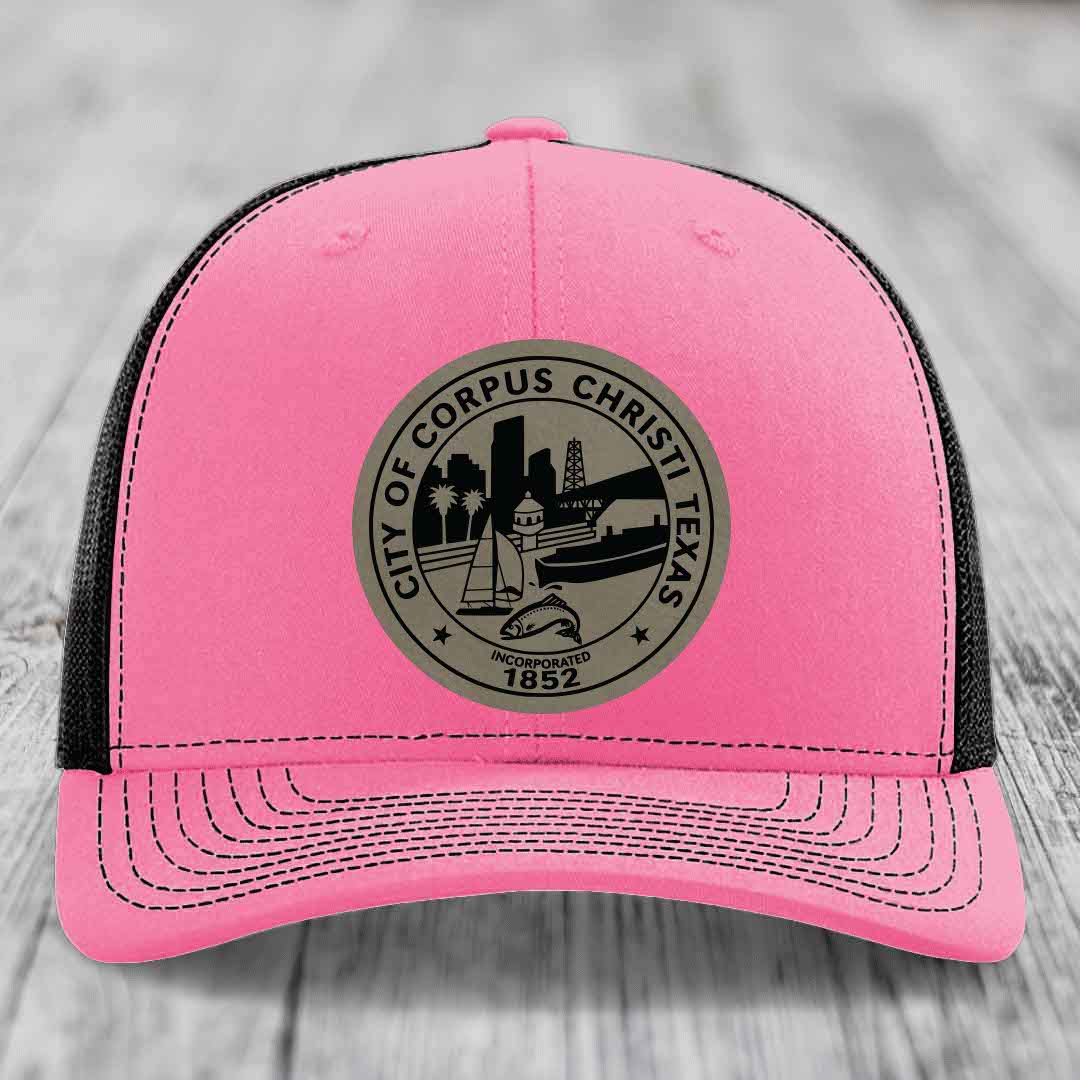 Corpus Christi Seal - Leather Patch Hat - Light Brown to Black Patch - Richardson 112 Snapback Trucker Hat
