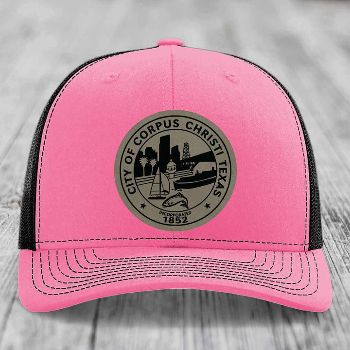 Corpus Christi Seal - Leather Patch Hat - Light Brown to Black Patch - Richardson 112 Snapback Trucker Hat