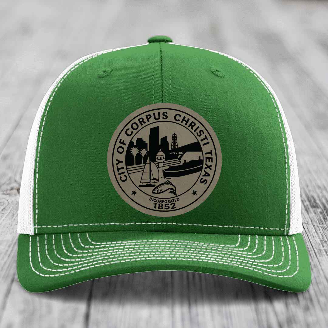 Corpus Christi Seal - Leather Patch Hat - Light Brown to Black Patch - Richardson 112 Snapback Trucker Hat