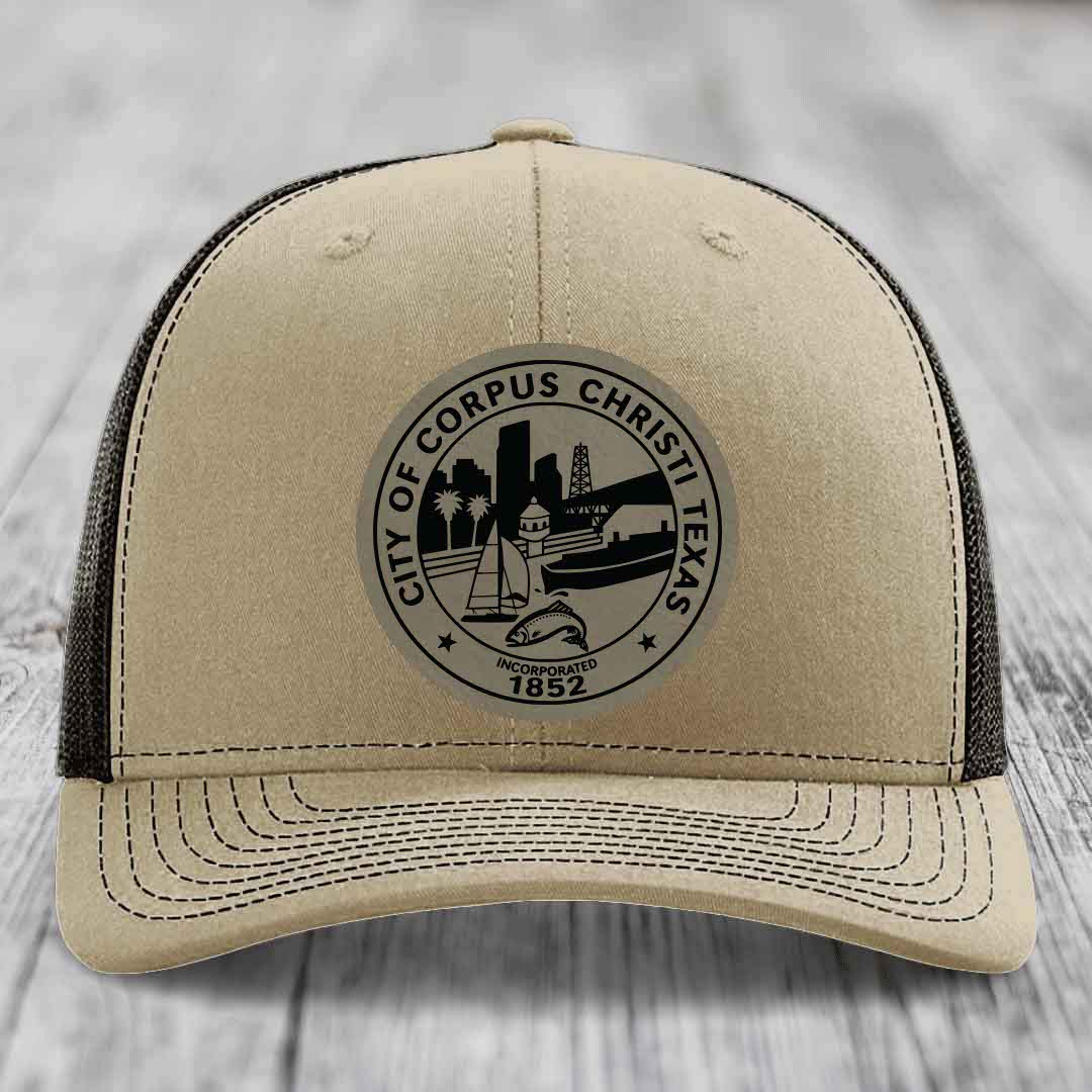 Corpus Christi Seal - Leather Patch Hat - Light Brown to Black Patch - Richardson 112 Snapback Trucker Hat