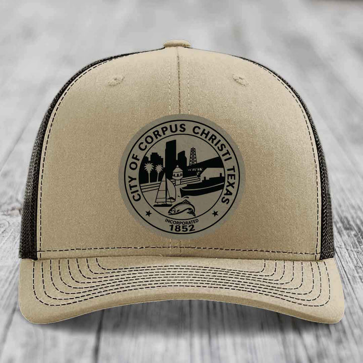Corpus Christi Seal - Leather Patch Hat - Light Brown to Black Patch - Richardson 112 Snapback Trucker Hat