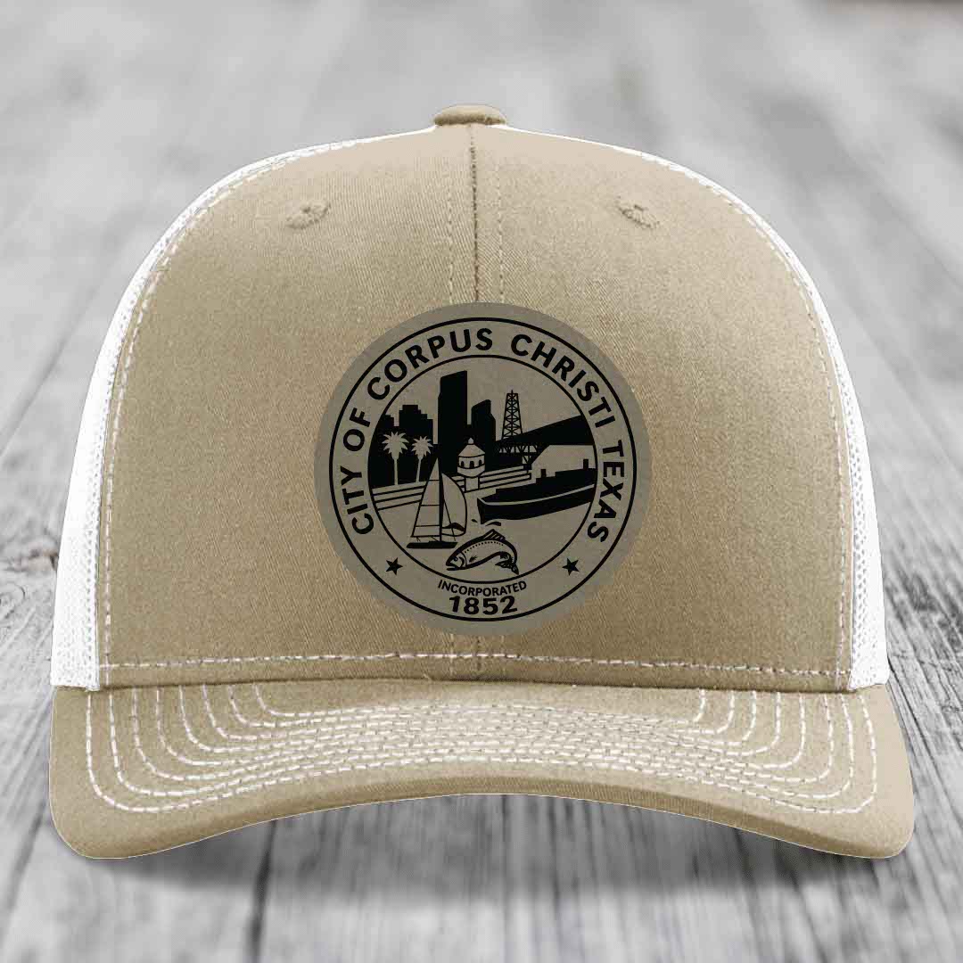 Corpus Christi Seal - Leather Patch Hat - Light Brown to Black Patch - Richardson 112 Snapback Trucker Hat