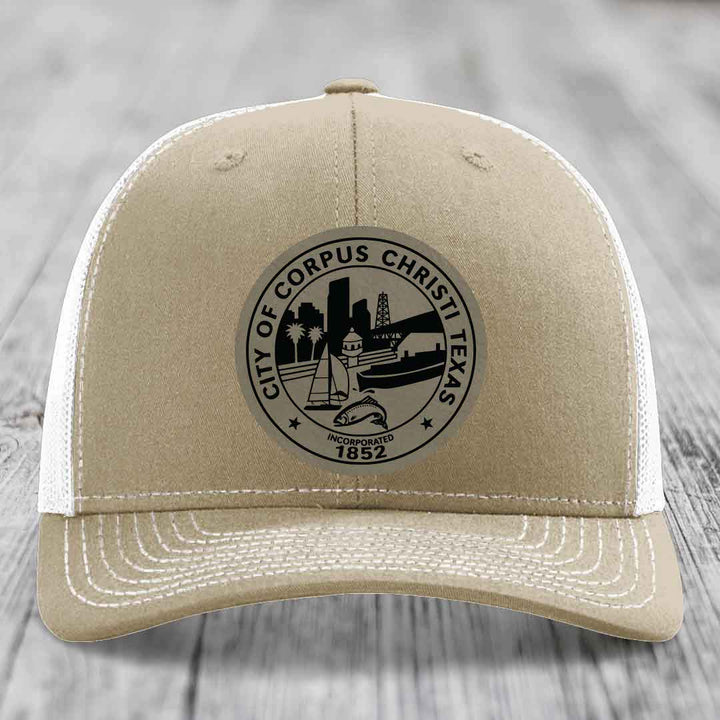 Corpus Christi Seal - Leather Patch Hat - Light Brown to Black Patch - Richardson 112 Snapback Trucker Hat