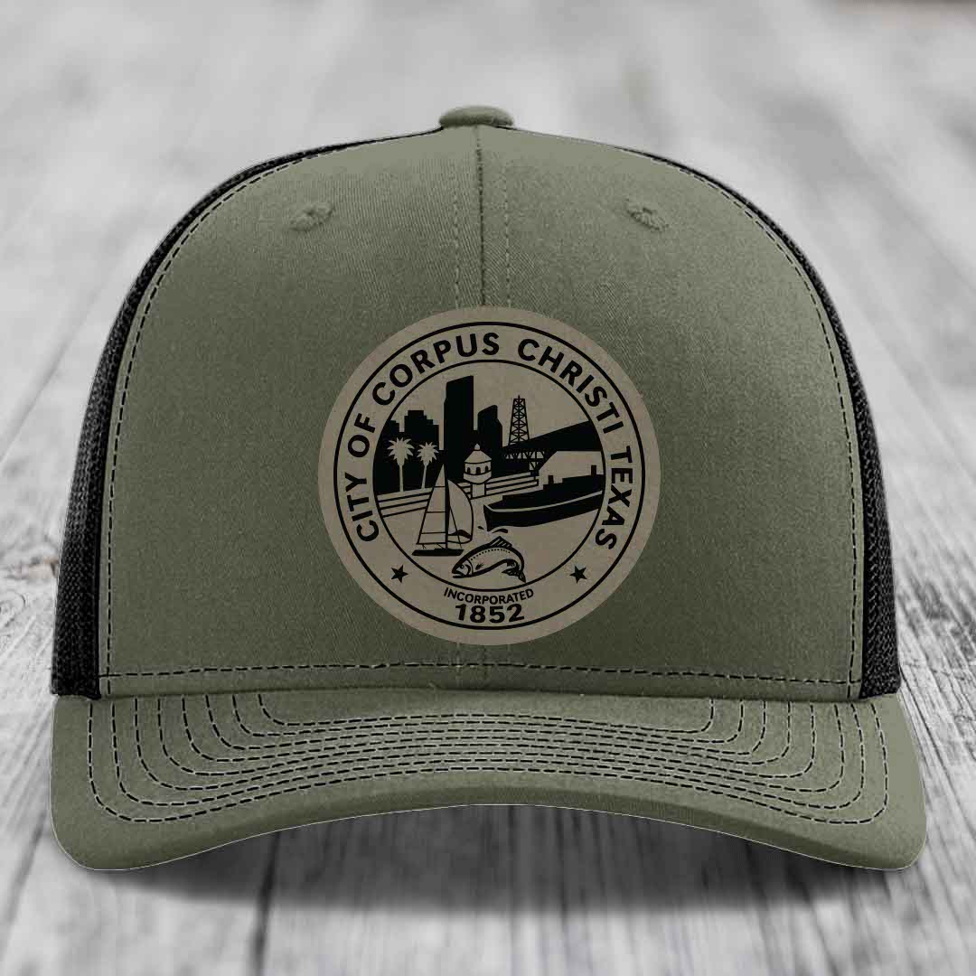 Corpus Christi Seal - Leather Patch Hat - Light Brown to Black Patch - Richardson 112 Snapback Trucker Hat