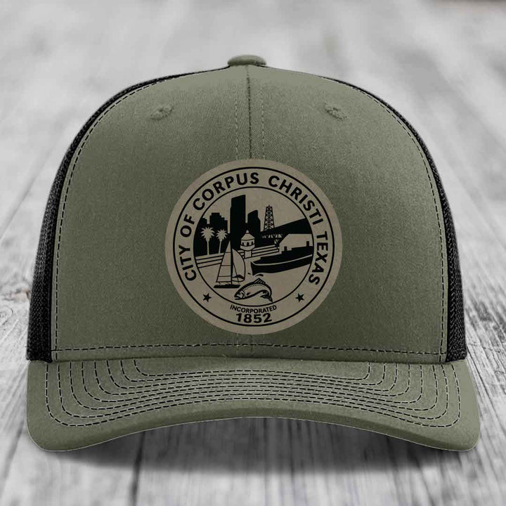 Corpus Christi Seal - Leather Patch Hat - Light Brown to Black Patch - Richardson 112 Snapback Trucker Hat