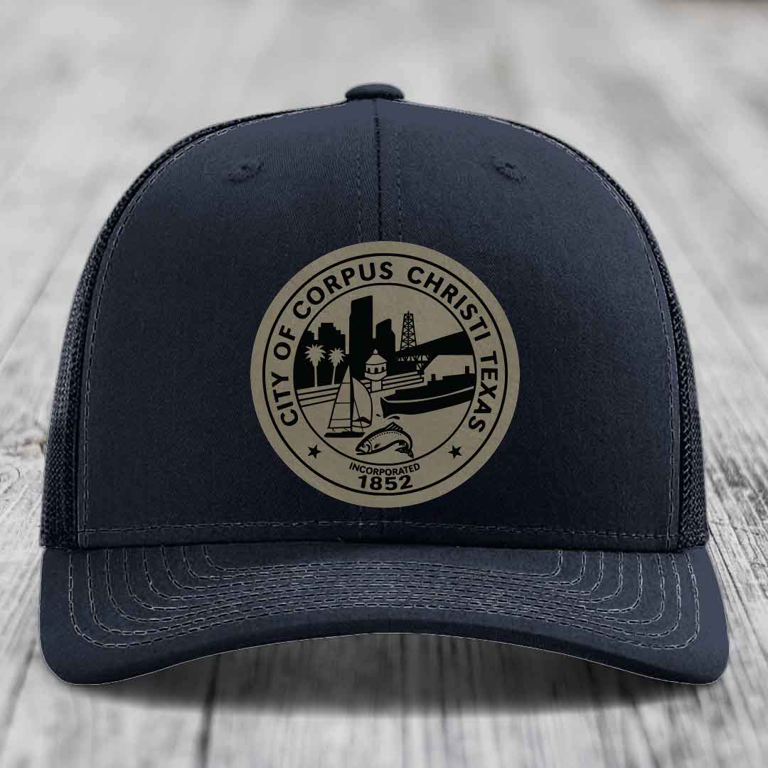 Corpus Christi Seal - Leather Patch Hat - Light Brown to Black Patch - Richardson 112 Snapback Trucker Hat