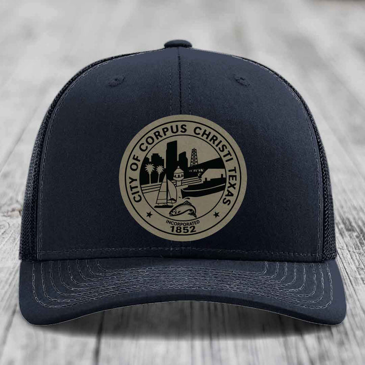 Corpus Christi Seal - Leather Patch Hat - Light Brown to Black Patch - Richardson 112 Snapback Trucker Hat