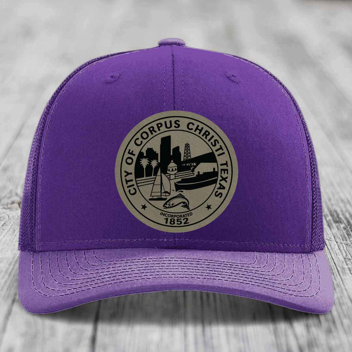 Corpus Christi Seal - Leather Patch Hat - Light Brown to Black Patch - Richardson 112 Snapback Trucker Hat
