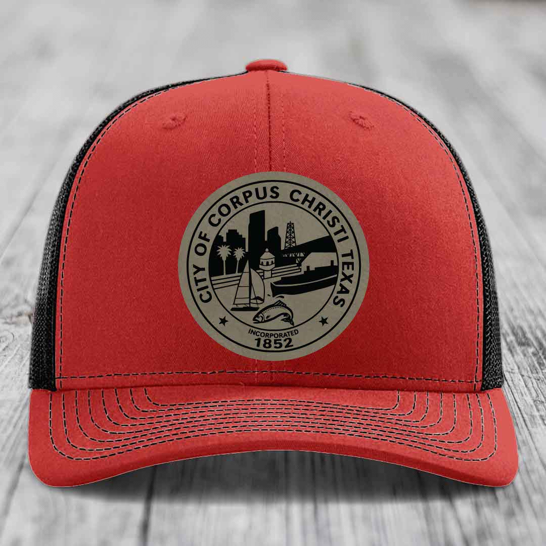 Corpus Christi Seal - Leather Patch Hat - Light Brown to Black Patch - Richardson 112 Snapback Trucker Hat