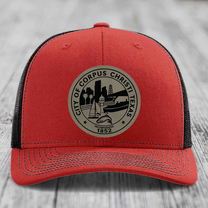 Corpus Christi Seal - Leather Patch Hat - Light Brown to Black Patch - Richardson 112 Snapback Trucker Hat
