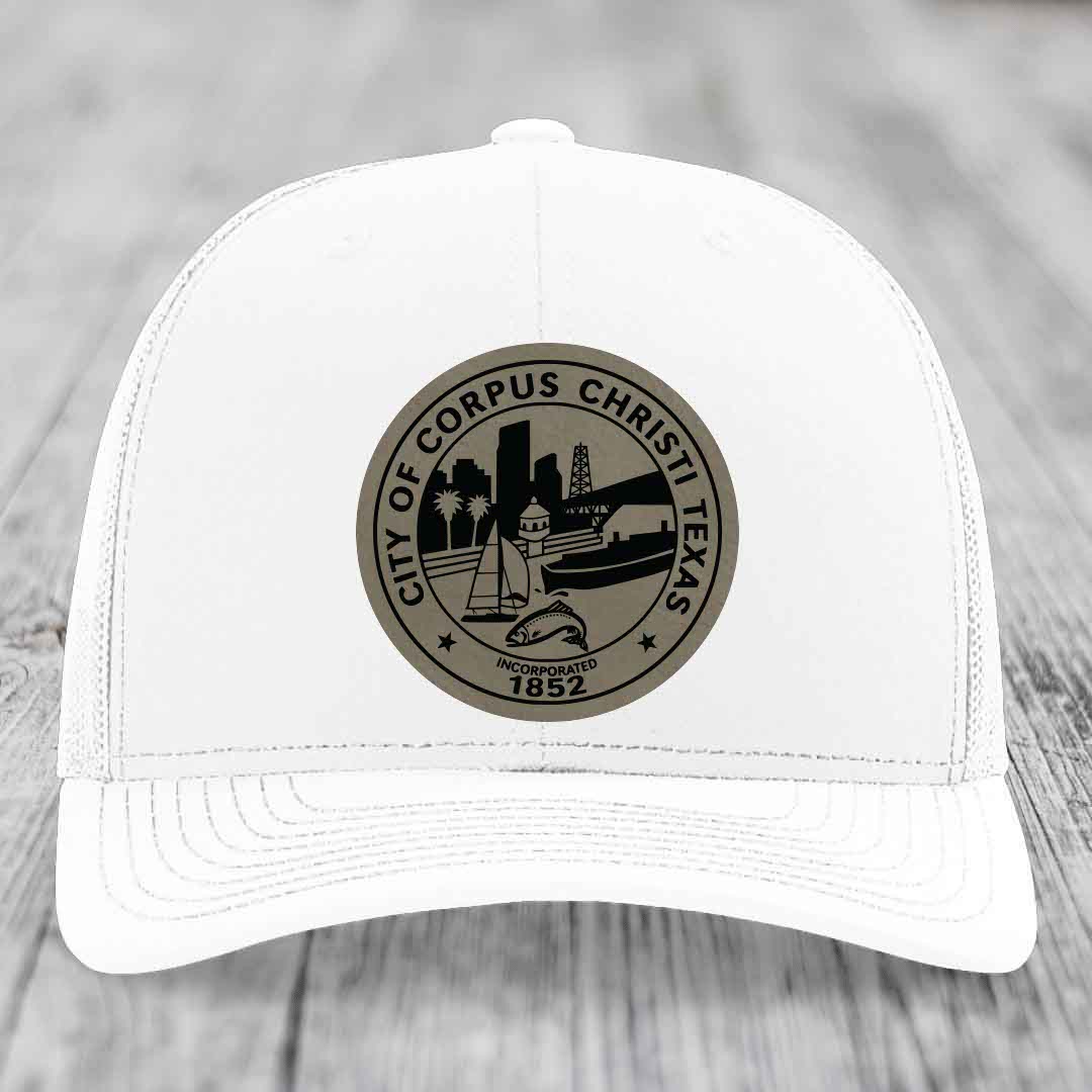 Corpus Christi Seal - Leather Patch Hat - Light Brown to Black Patch - Richardson 112 Snapback Trucker Hat