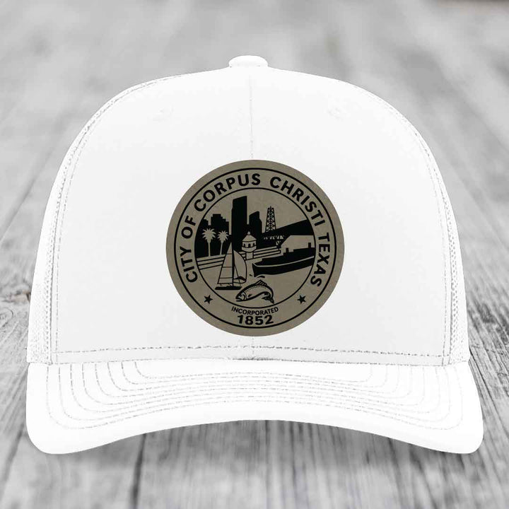 Corpus Christi Seal - Leather Patch Hat - Light Brown to Black Patch - Richardson 112 Snapback Trucker Hat