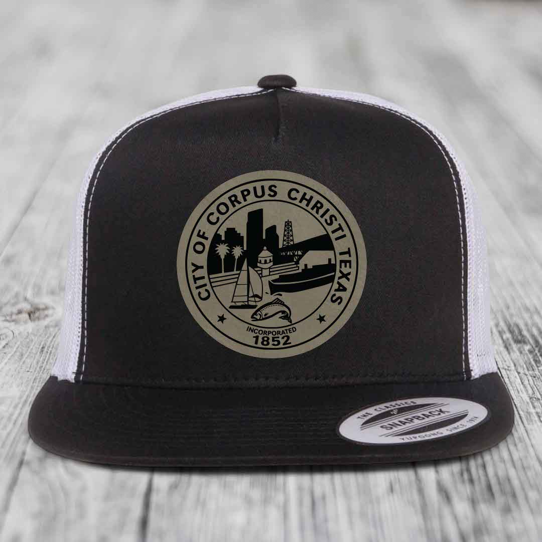 Corpus Christi Seal - Leather Patch Hat - Light Brown to Black Patch - Yupoong 6006 Snapback Flatbill Hat