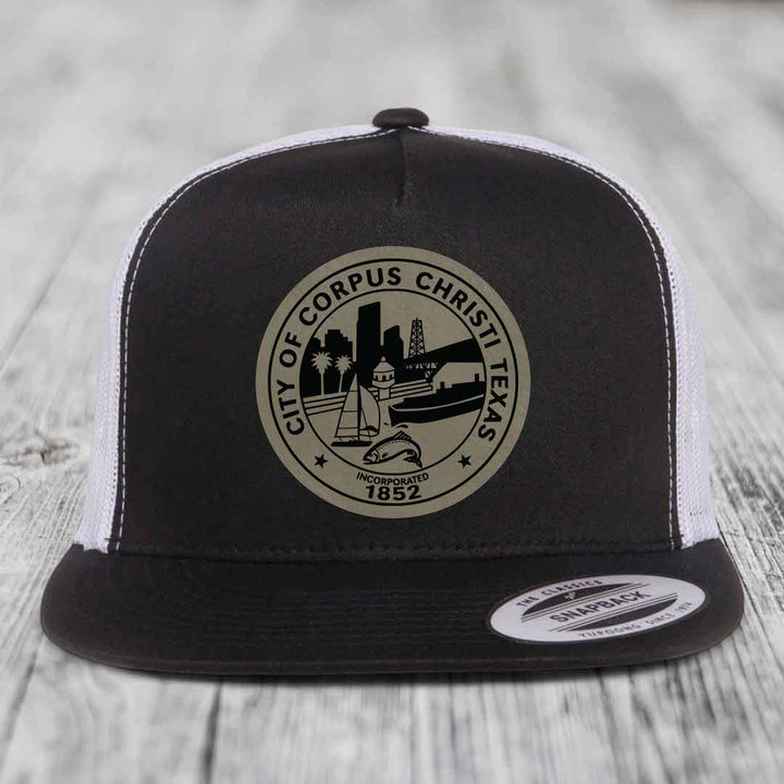 Corpus Christi Seal - Leather Patch Hat - Light Brown to Black Patch - Yupoong 6006 Snapback Flatbill Hat