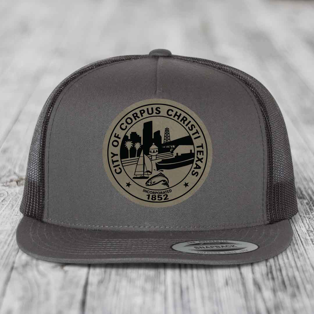Corpus Christi Seal - Leather Patch Hat - Light Brown to Black Patch - Yupoong 6006 Snapback Flatbill Hat