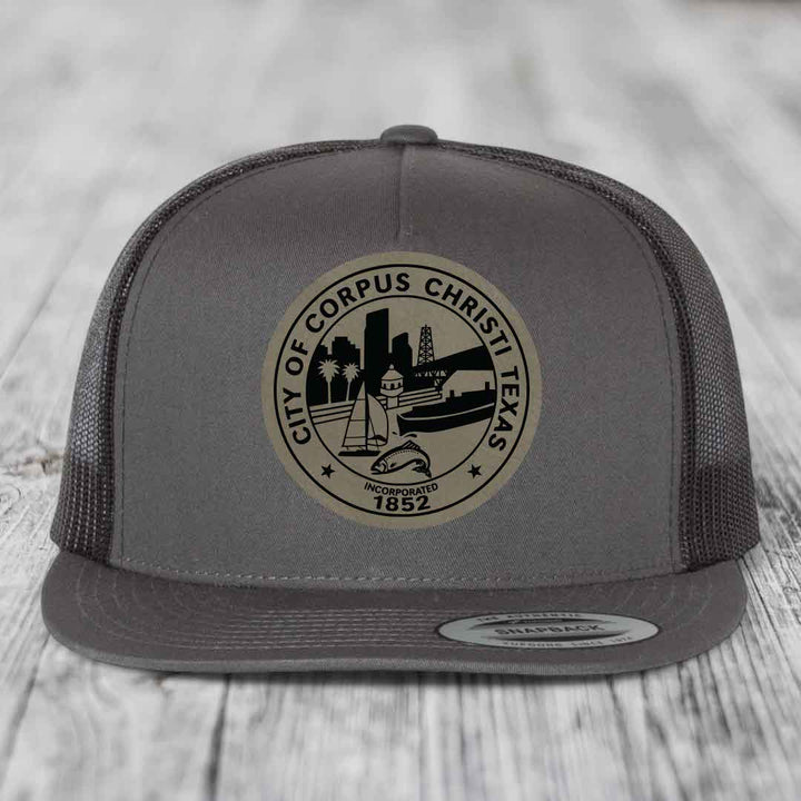 Corpus Christi Seal - Leather Patch Hat - Light Brown to Black Patch - Yupoong 6006 Snapback Flatbill Hat