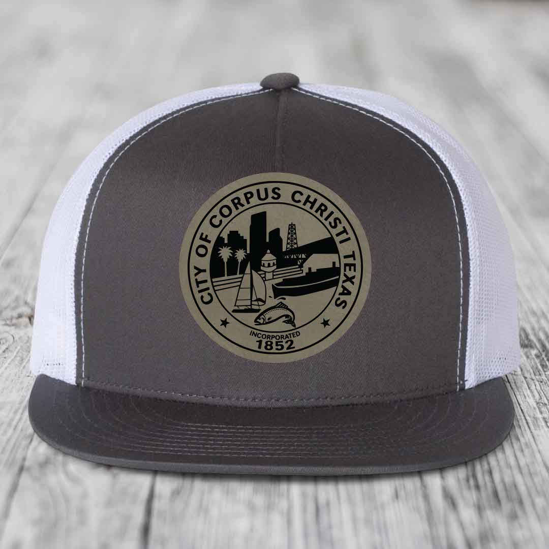 Corpus Christi Seal - Leather Patch Hat - Light Brown to Black Patch - Yupoong 6006 Snapback Flatbill Hat