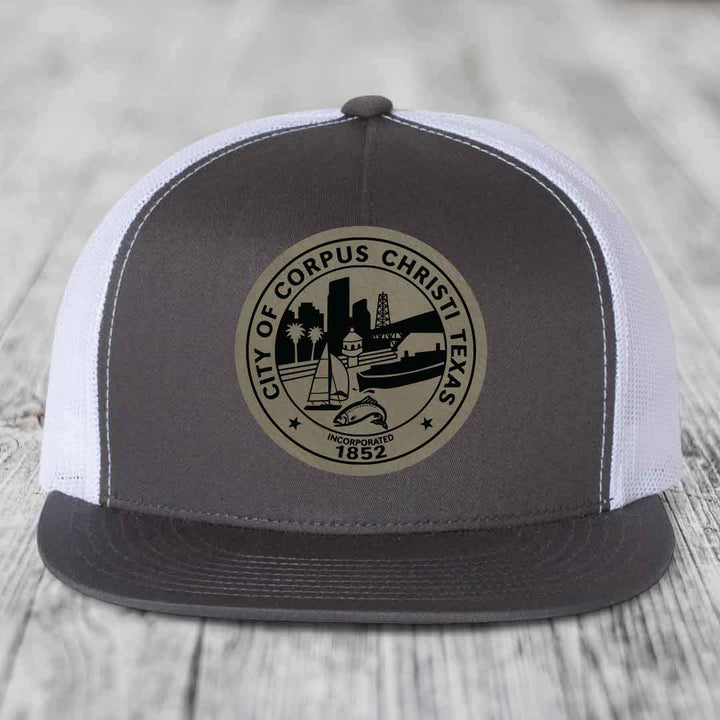 Corpus Christi Seal - Leather Patch Hat - Light Brown to Black Patch - Yupoong 6006 Snapback Flatbill Hat