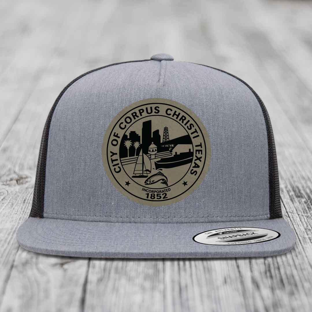 Corpus Christi Seal - Leather Patch Hat - Light Brown to Black Patch - Yupoong 6006 Snapback Flatbill Hat