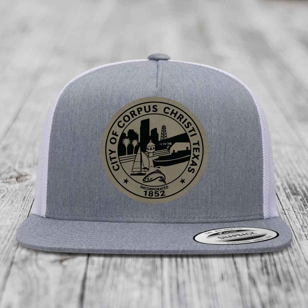 Corpus Christi Seal - Leather Patch Hat - Light Brown to Black Patch - Yupoong 6006 Snapback Flatbill Hat