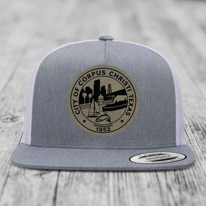 Corpus Christi Seal - Leather Patch Hat - Light Brown to Black Patch - Yupoong 6006 Snapback Flatbill Hat