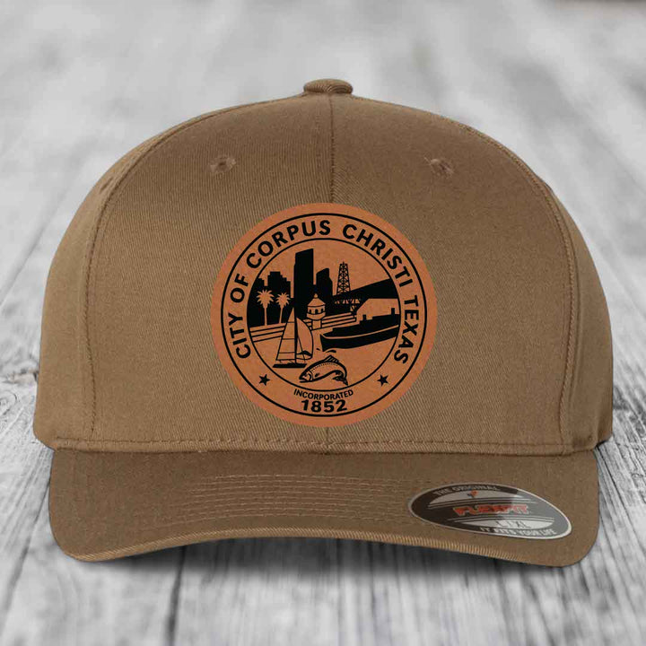 Corpus Christi Seal - Leather Patch Hat - Rawhide to Black Patch - Flexfit 6277 Fitted Hat