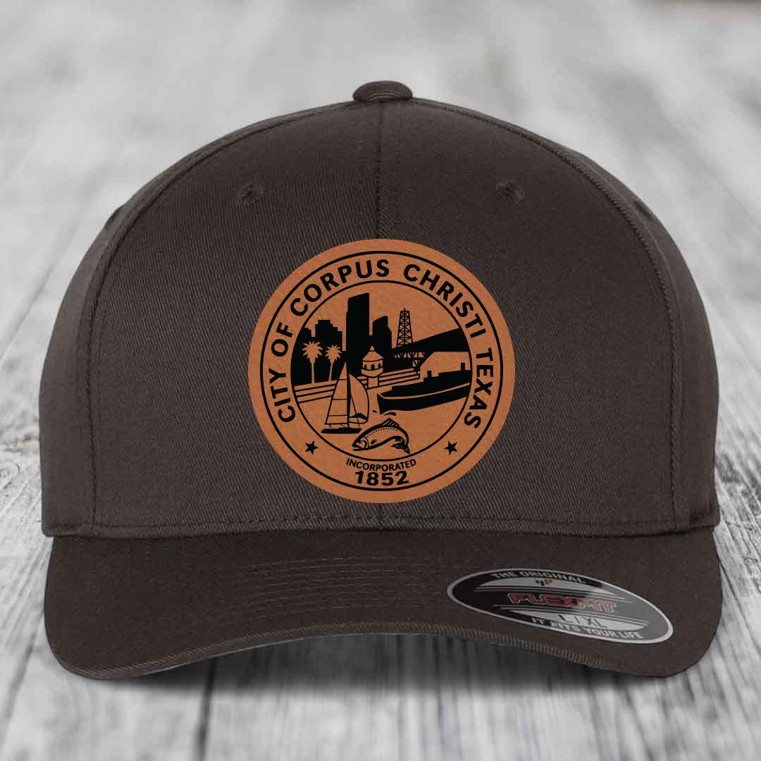 Corpus Christi Seal - Leather Patch Hat - Rawhide to Black Patch - Flexfit 6277 Fitted Hat