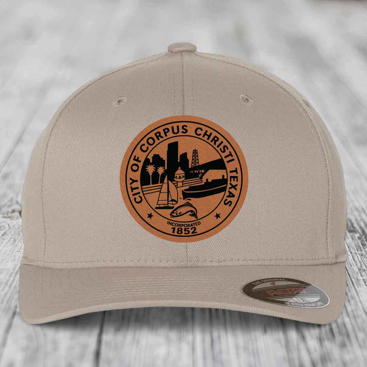 Corpus Christi Seal - Leather Patch Hat - Rawhide to Black Patch - Flexfit 6277 Fitted Hat