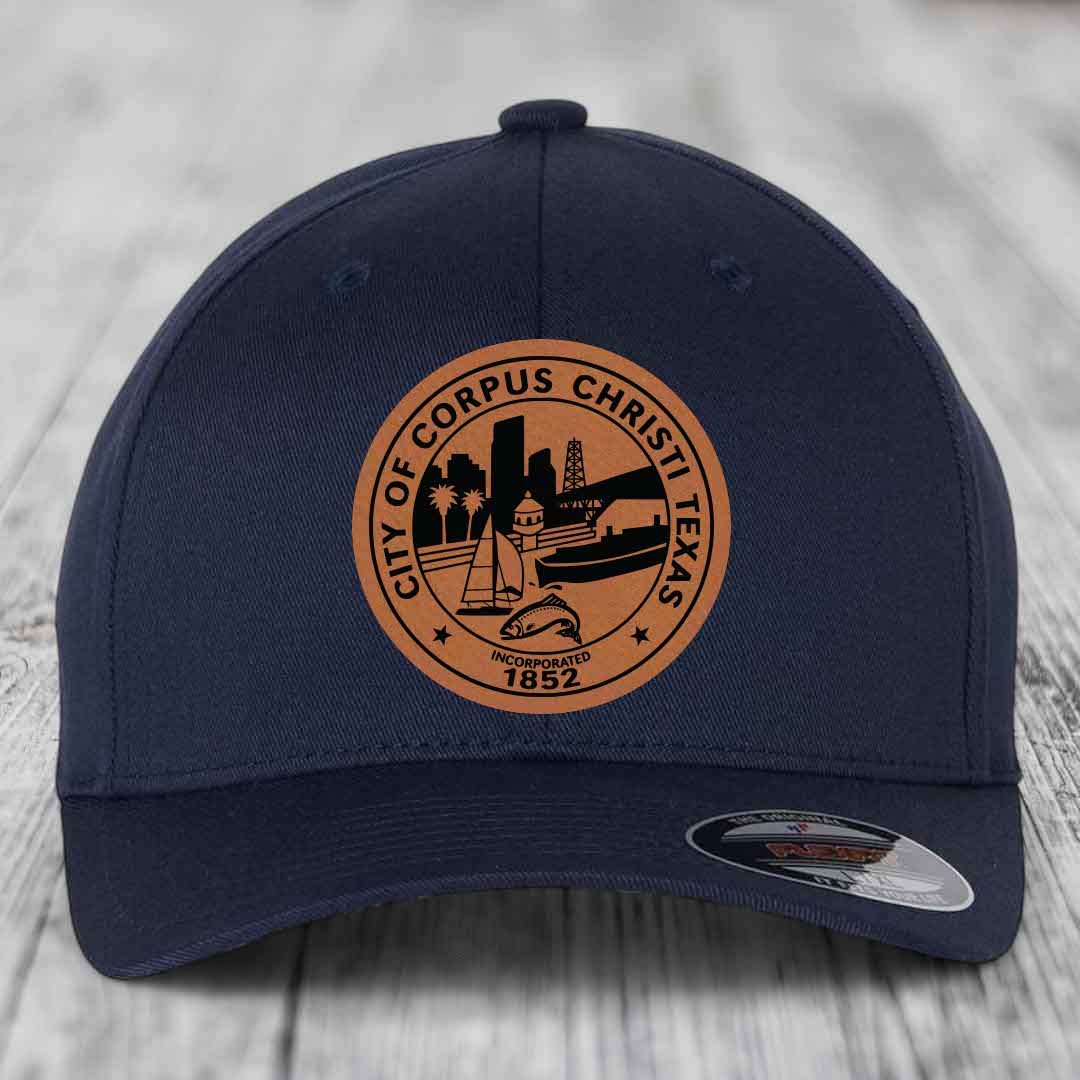 Corpus Christi Seal - Leather Patch Hat - Rawhide to Black Patch - Flexfit 6277 Fitted Hat