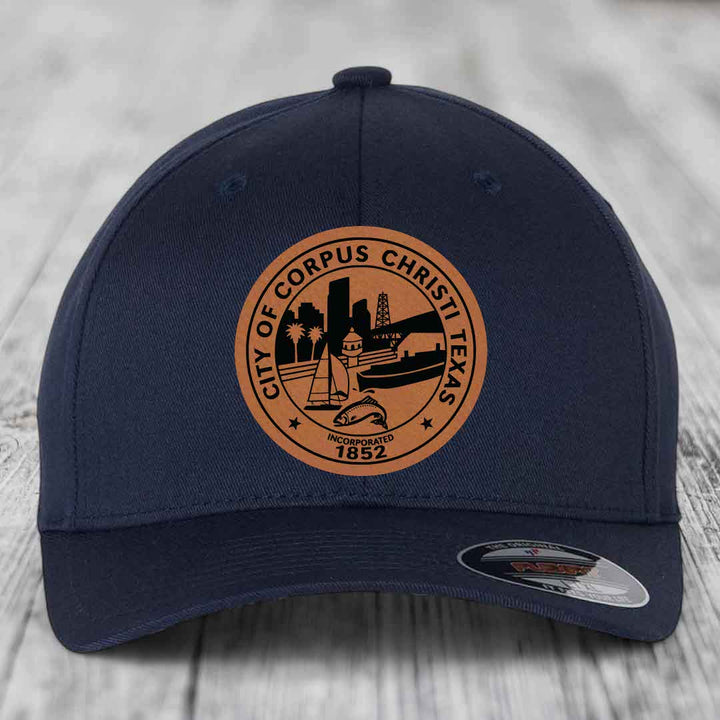 Corpus Christi Seal - Leather Patch Hat - Rawhide to Black Patch - Flexfit 6277 Fitted Hat