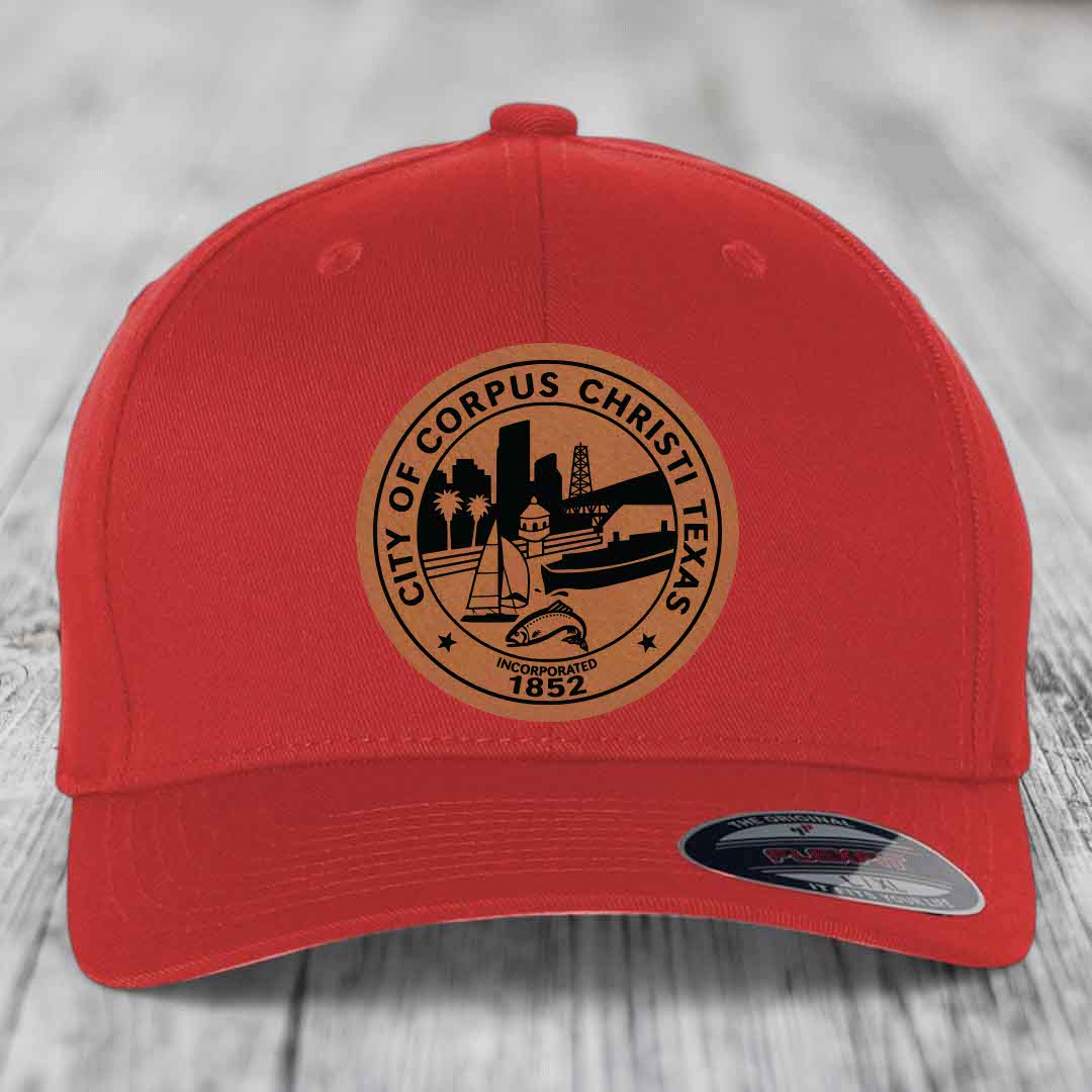 Corpus Christi Seal - Leather Patch Hat - Rawhide to Black Patch - Flexfit 6277 Fitted Hat