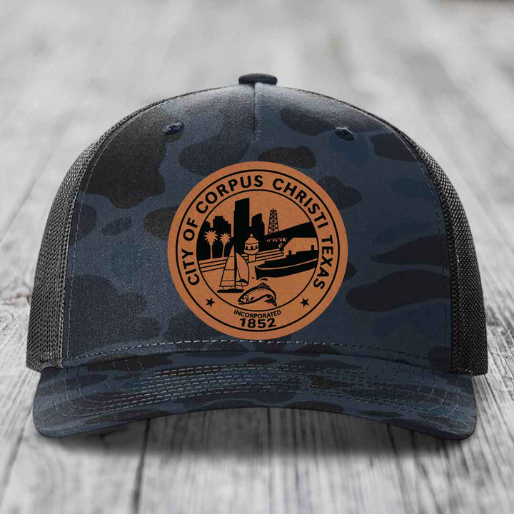 Corpus Christi Seal - Leather Patch Hat - Rawhide to Black Patch - Richardson 112PFP Snapback Trucker Hat