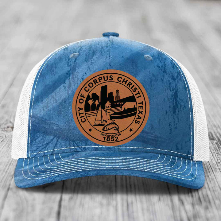 Corpus Christi Seal - Leather Patch Hat - Rawhide to Black Patch - Richardson 112PFP Snapback Trucker Hat