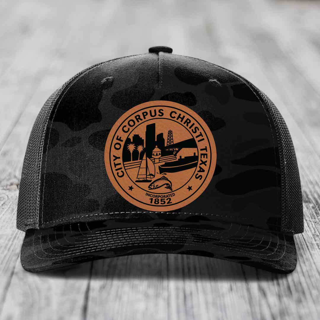 Corpus Christi Seal - Leather Patch Hat - Rawhide to Black Patch - Richardson 112PFP Snapback Trucker Hat