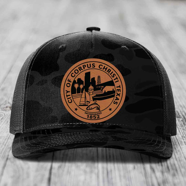 Corpus Christi Seal - Leather Patch Hat - Rawhide to Black Patch - Richardson 112PFP Snapback Trucker Hat