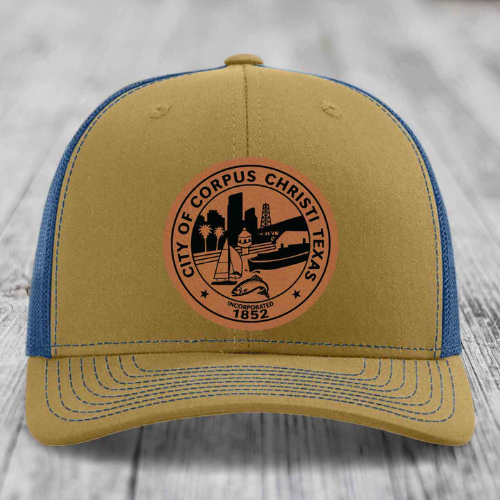 Corpus Christi Seal - Leather Patch Hat - Rawhide to Black Patch - Richardson 112 Snapback Trucker Hat