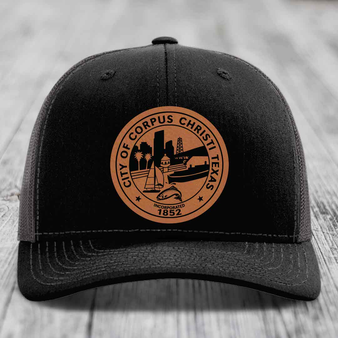 Corpus Christi Seal - Leather Patch Hat - Rawhide to Black Patch - Richardson 112 Snapback Trucker Hat