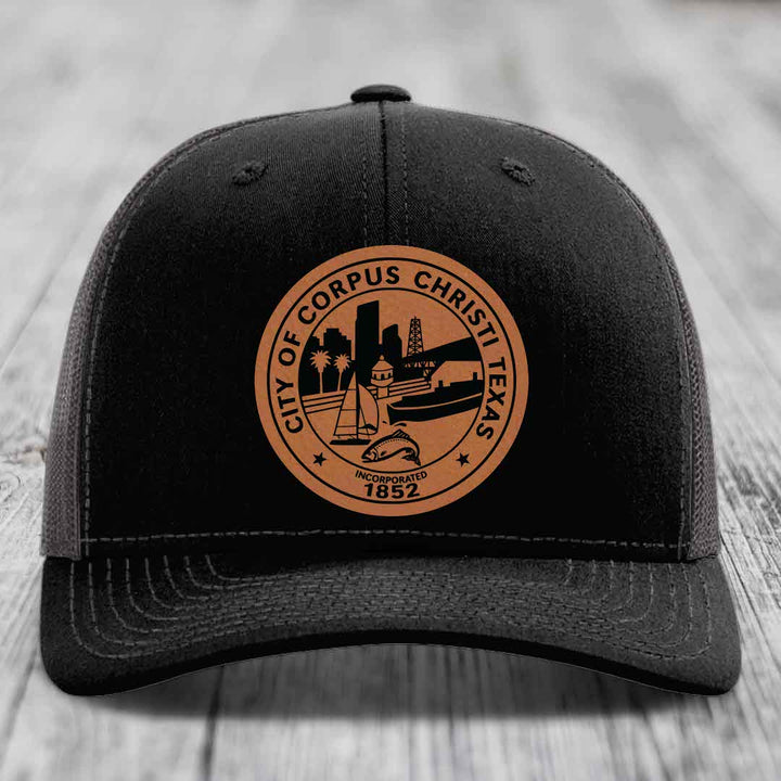 Corpus Christi Seal - Leather Patch Hat - Rawhide to Black Patch - Richardson 112 Snapback Trucker Hat