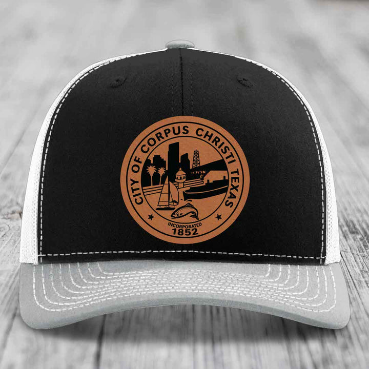 Corpus Christi Seal - Leather Patch Hat - Rawhide to Black Patch - Richardson 112 Snapback Trucker Hat