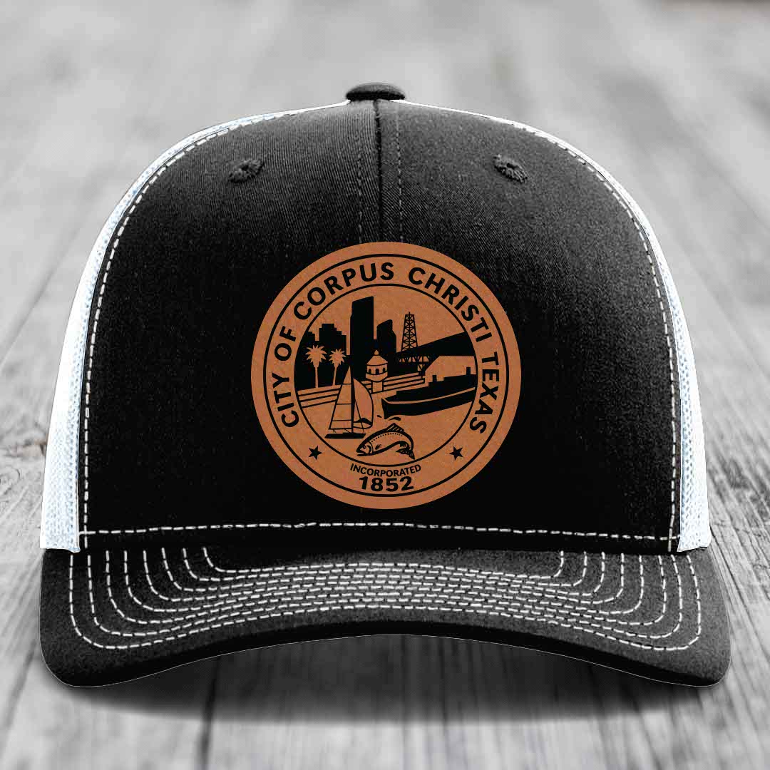 Corpus Christi Seal - Leather Patch Hat - Rawhide to Black Patch - Richardson 112 Snapback Trucker Hat