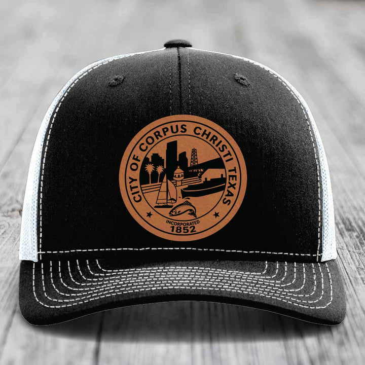 Corpus Christi Seal - Leather Patch Hat - Rawhide to Black Patch - Richardson 112 Snapback Trucker Hat