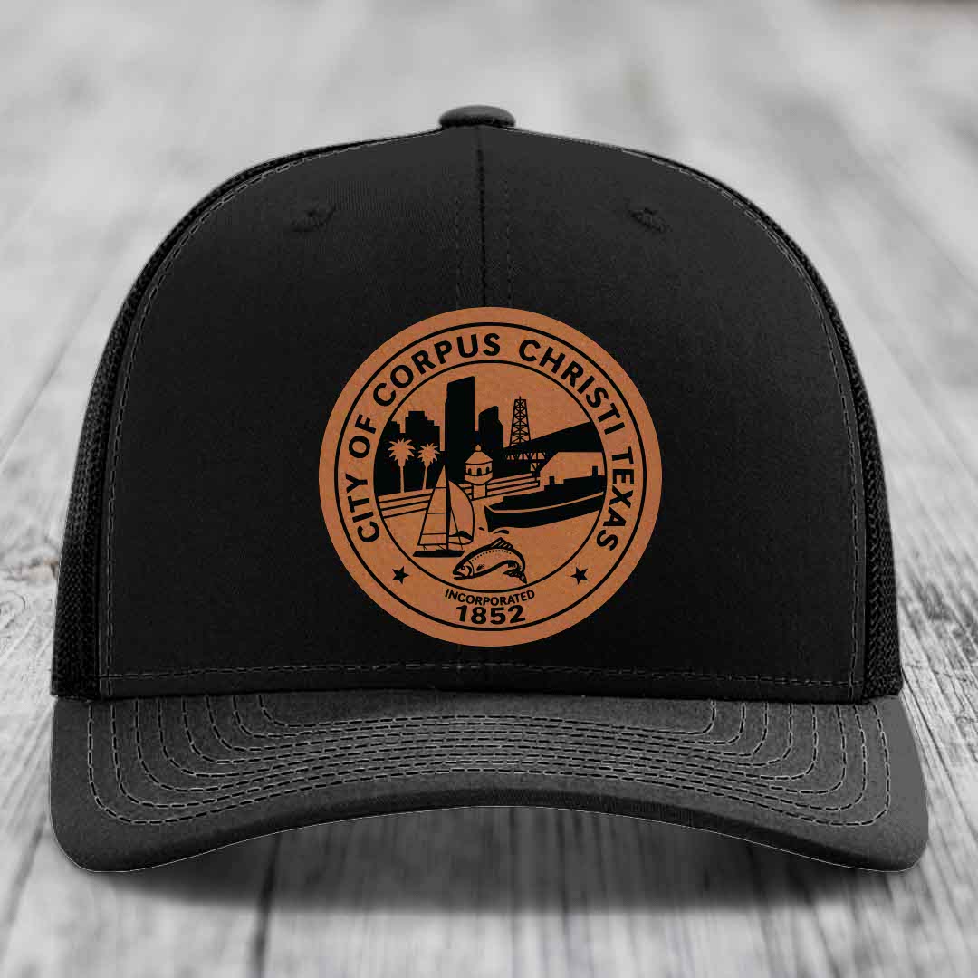 Corpus Christi Seal - Leather Patch Hat - Rawhide to Black Patch - Richardson 112 Snapback Trucker Hat