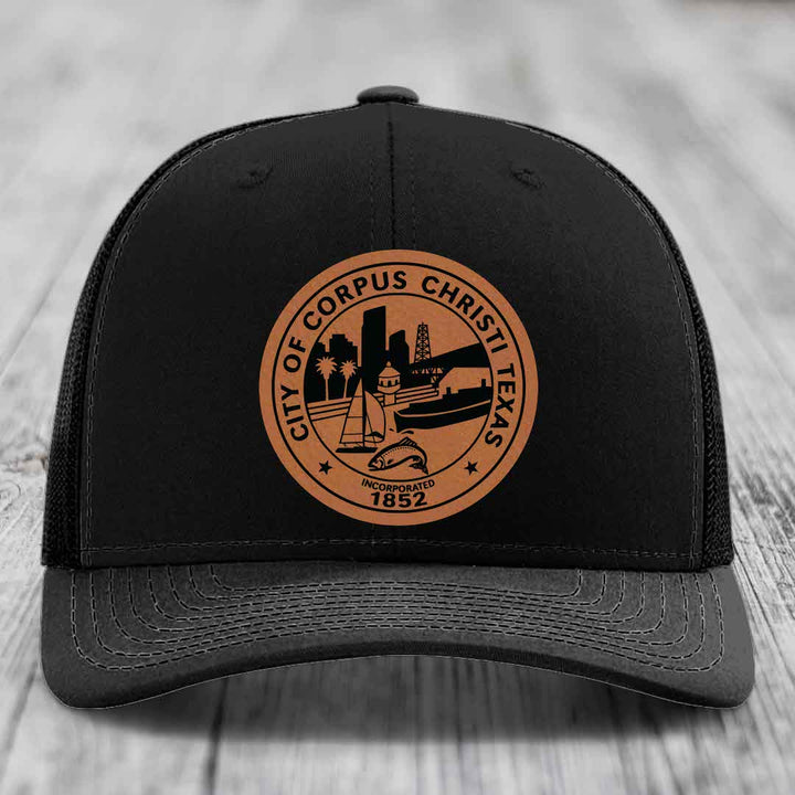 Corpus Christi Seal - Leather Patch Hat - Rawhide to Black Patch - Richardson 112 Snapback Trucker Hat
