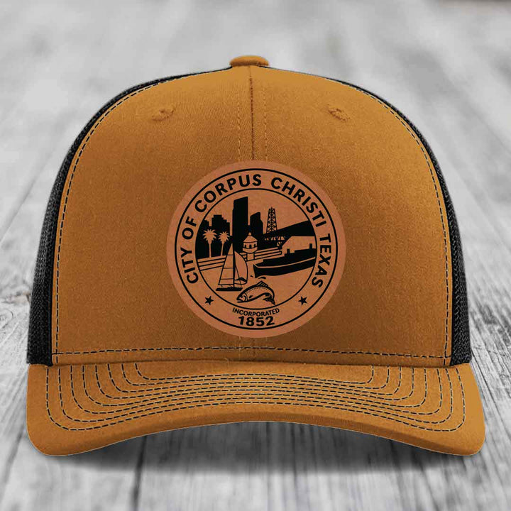 Corpus Christi Seal - Leather Patch Hat - Rawhide to Black Patch - Richardson 112 Snapback Trucker Hat