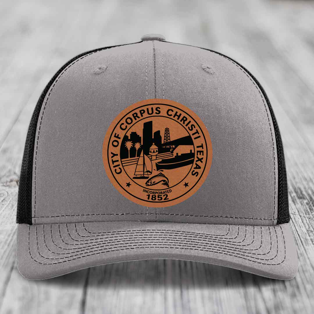 Corpus Christi Seal - Leather Patch Hat - Rawhide to Black Patch - Richardson 112 Snapback Trucker Hat