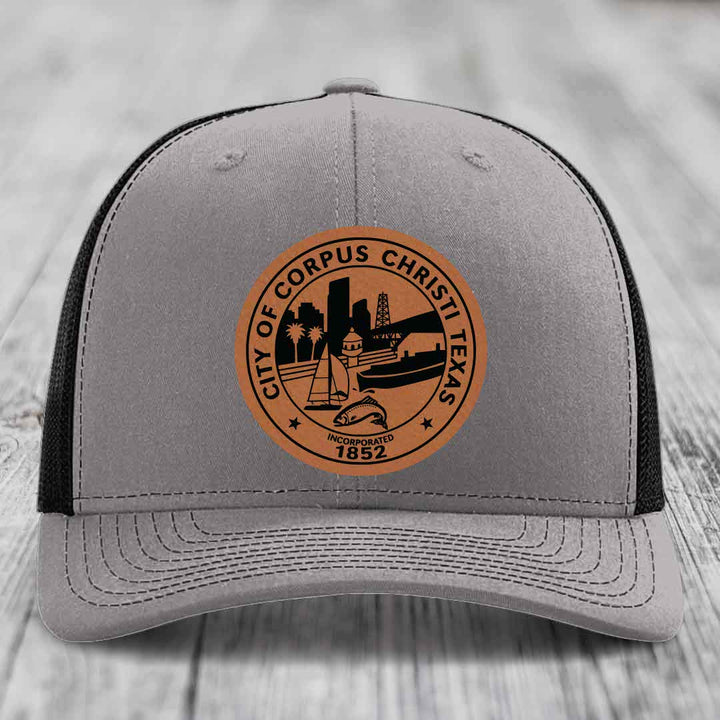 Corpus Christi Seal - Leather Patch Hat - Rawhide to Black Patch - Richardson 112 Snapback Trucker Hat