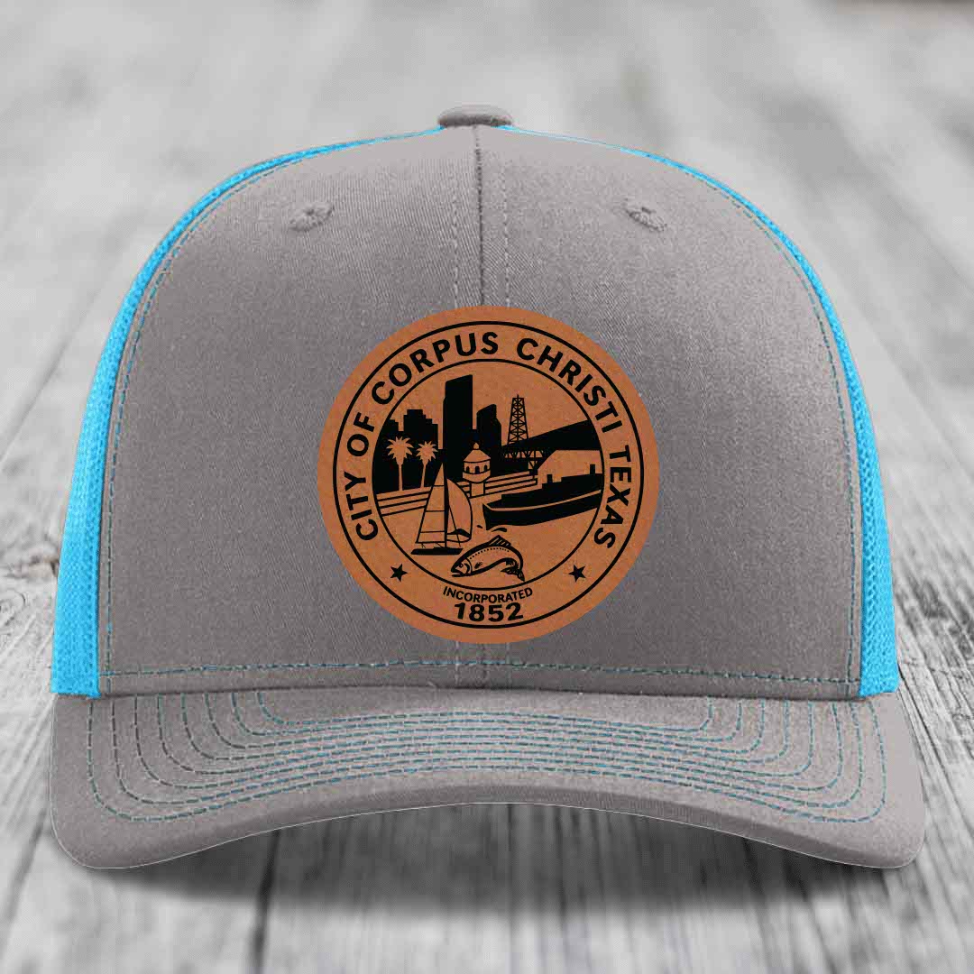 Corpus Christi Seal - Leather Patch Hat - Rawhide to Black Patch - Richardson 112 Snapback Trucker Hat