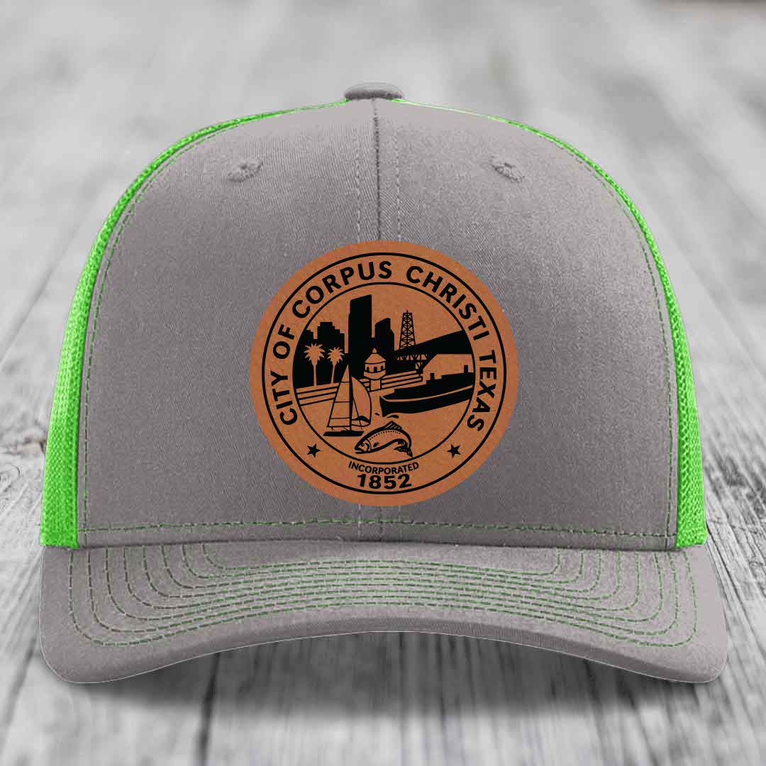 Corpus Christi Seal - Leather Patch Hat - Rawhide to Black Patch - Richardson 112 Snapback Trucker Hat