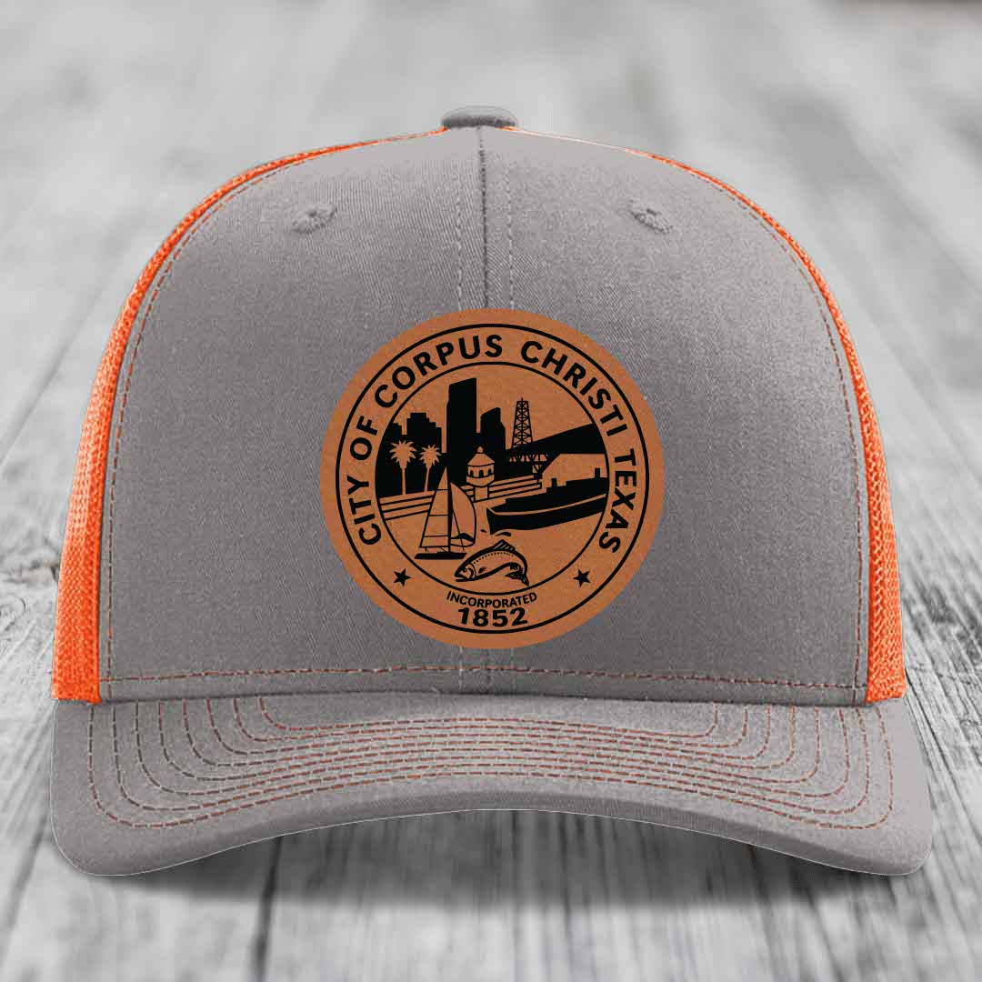 Corpus Christi Seal - Leather Patch Hat - Rawhide to Black Patch - Richardson 112 Snapback Trucker Hat